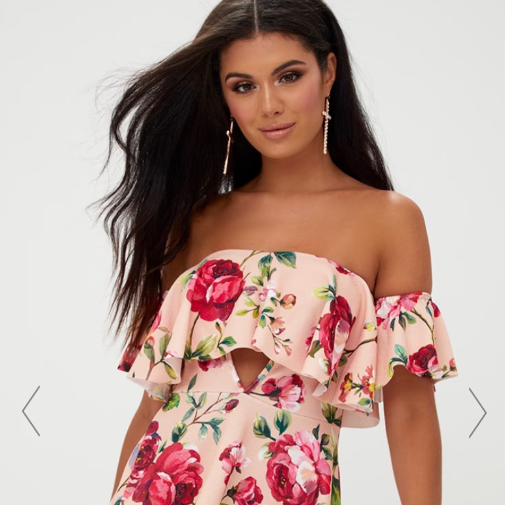 PrettyLittleThing Floral Bardot Cut Out Swing Dress Sz 6 NWT